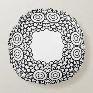 Coussins Ronds Motif de cadre mandala noir et blanc 