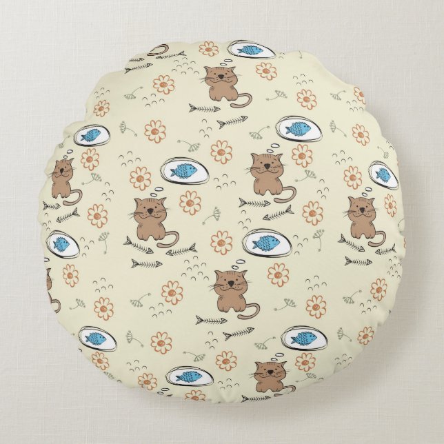 Coussins Ronds motif de chat et de poisson (Devant)