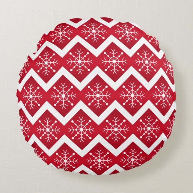 Coussins Ronds Motif de Chevron de flocons de neige de Noël rouge (Devant)
