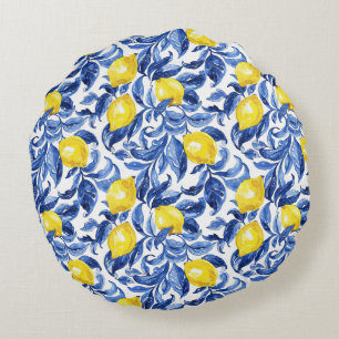 Coussins Ronds Motif de citron à l'aquarelle bleue 
