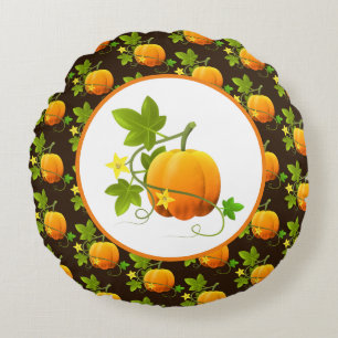 Coussins Ronds Motif de citrouille sur fond brun foncé de la sais