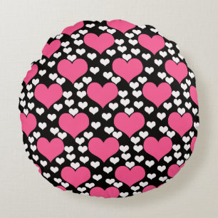 Coussins Ronds Motif de Coeurs d'Amour Rose Noir Blanc