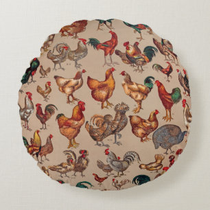 Coussins Ronds Motif de coq poulet vintage : Art de ferme