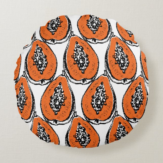Coussins Ronds Motif de dessin vintage Papaya Charcoal. (Devant)