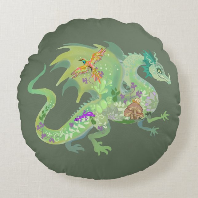 Coussins Ronds Motif de dragon de forêt enchanté (Devant)