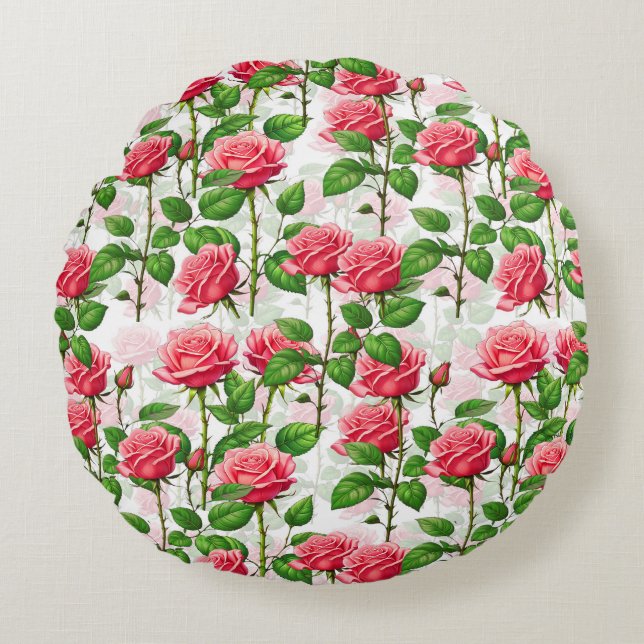 Coussins Ronds Motif de feuillage floral rose (Devant)