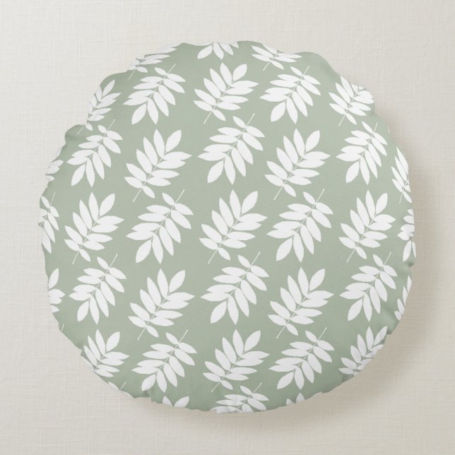 Coussins Ronds Motif de feuille âgée blanc sur vert (Devant)