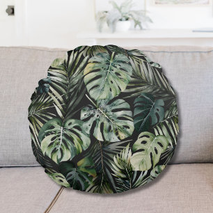 Coussins Ronds Motif de feuilles de forêt tropicale verte aquarel