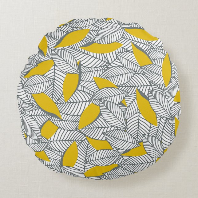 Coussins Ronds Motif de feuilles gris et jaune. (Devant)