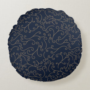 Coussins Ronds Motif de filigrane doré tourbillonnant sur fond bl