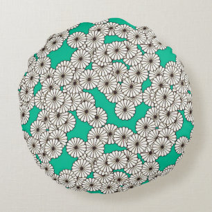 Coussins Ronds Motif de fleurs Art déco - blanc sur turquoise