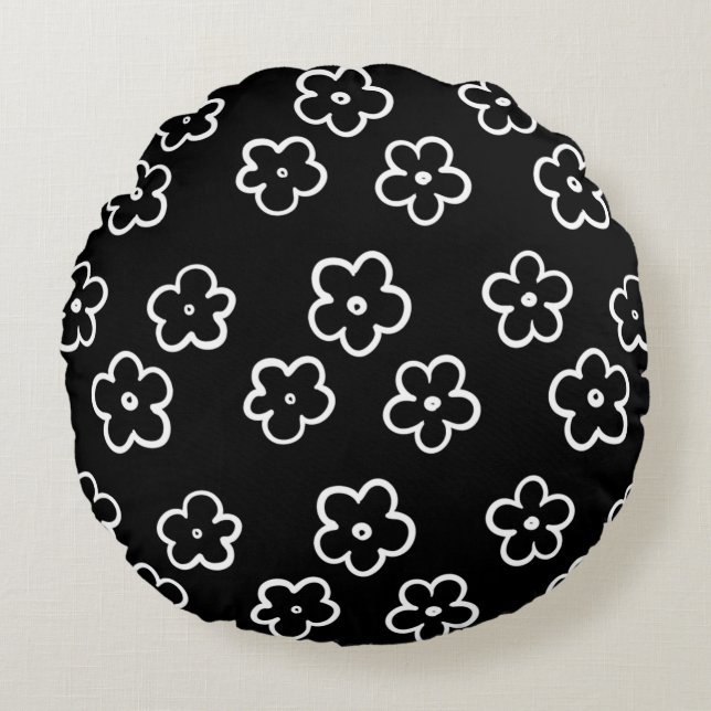 Coussins Ronds Motif de fleurs noir et blanc (Devant)