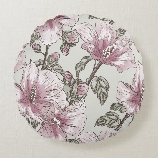 Coussins Ronds Motif de fleurs rose amorti de ketmie (Devant)