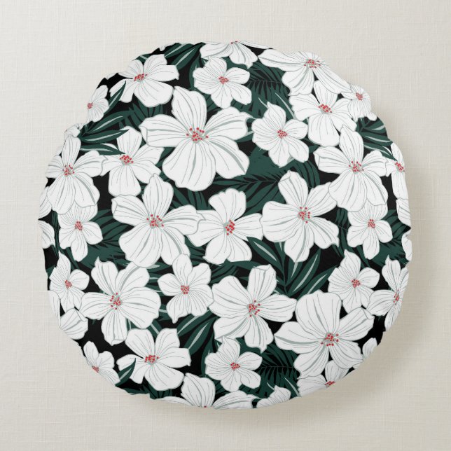 Coussins Ronds Motif de fleurs tropical blanc (Devant)