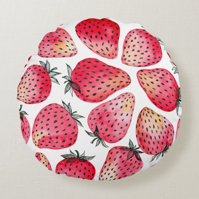 Coussins Ronds Motif de fraises d'aquarelle. (Devant)
