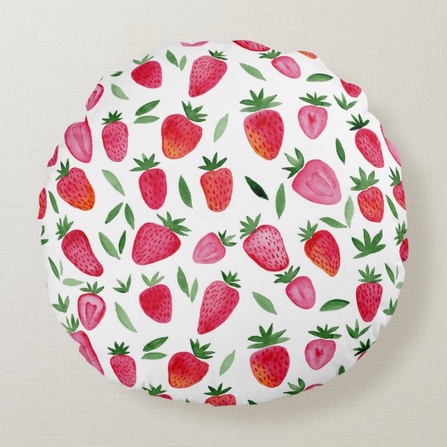 Coussins Ronds Motif de fraises d'aquarelle mignonne (Devant)