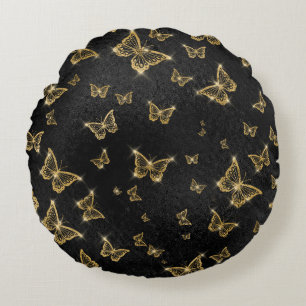 Coussins Ronds Motif de glam or et papillons noirs