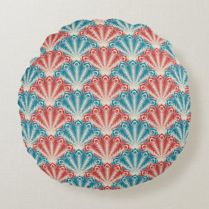 Coussins Ronds Motif de la queue de paon rouge et bleu