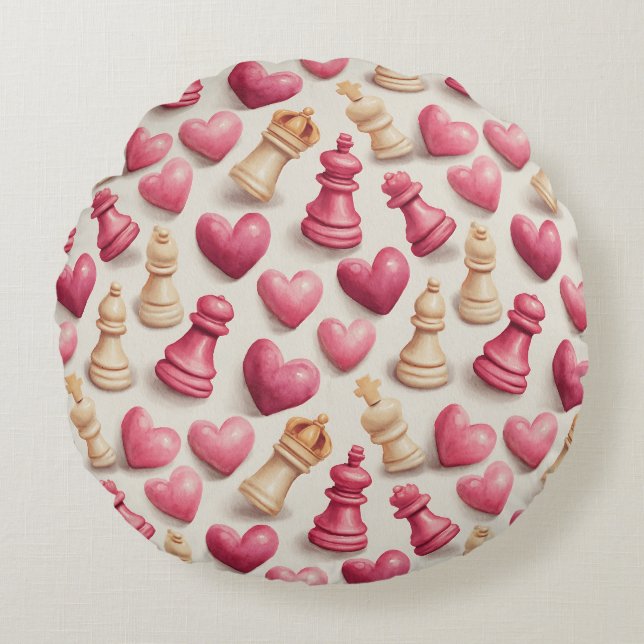 Coussins Ronds Motif de la Saint-Valentin Échecs & Cœurs (Devant)