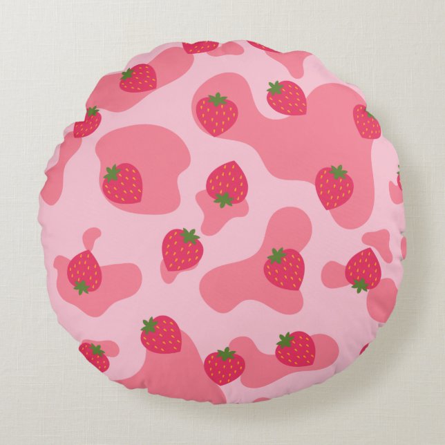 Coussins Ronds motif de la vache à fraise kawaii (Devant)