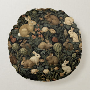 Coussins Ronds Motif de lapin de forêt vintage foncé botanique