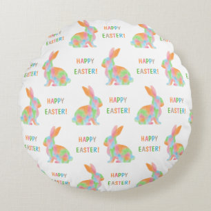 Coussins Ronds Motif de lapins colorés avec texte Joyeuses Pâques