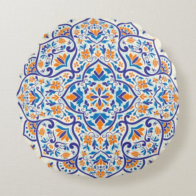 Coussins Ronds Motif de luxe Orange Blue Ornament (Devant)