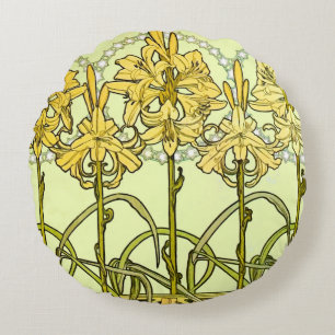Coussins Ronds Motif de lys Art nouveau d'Alphonse Mucha vintage