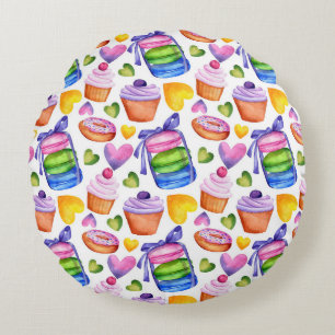 Coussins Ronds Motif de macarons et cupcakes sucrés à l'aquarelle