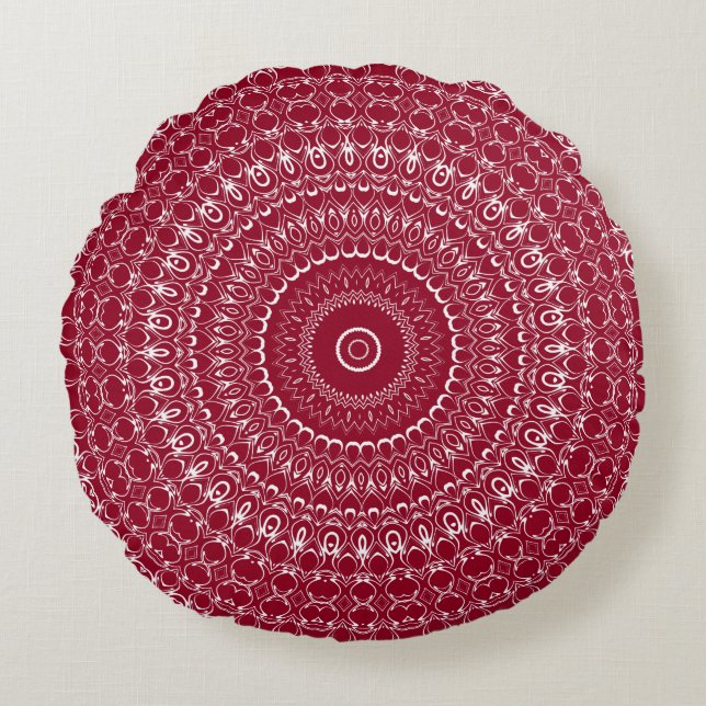 Coussins Ronds Motif de mandala complexe bordeaux et blanc (Devant)