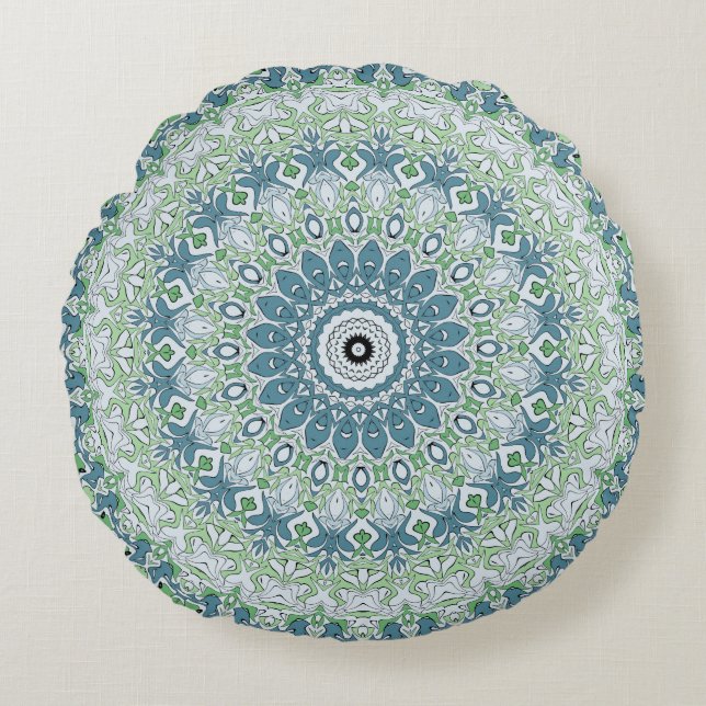 Coussins Ronds Motif de mandala côtier bleu et vert de mer (Devant)