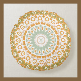 Coussins Ronds Motif de mandala radieux ambre et olive