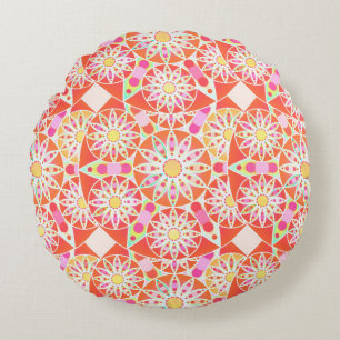 Coussins Ronds Motif de mandala, rouge de corail, rose, or