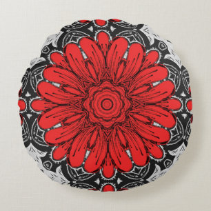 Coussins Ronds Motif de marguerite géométrique en rouge noir et b