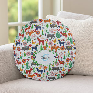Coussins Ronds Motif de monogramme d'art populaire scandinave vin