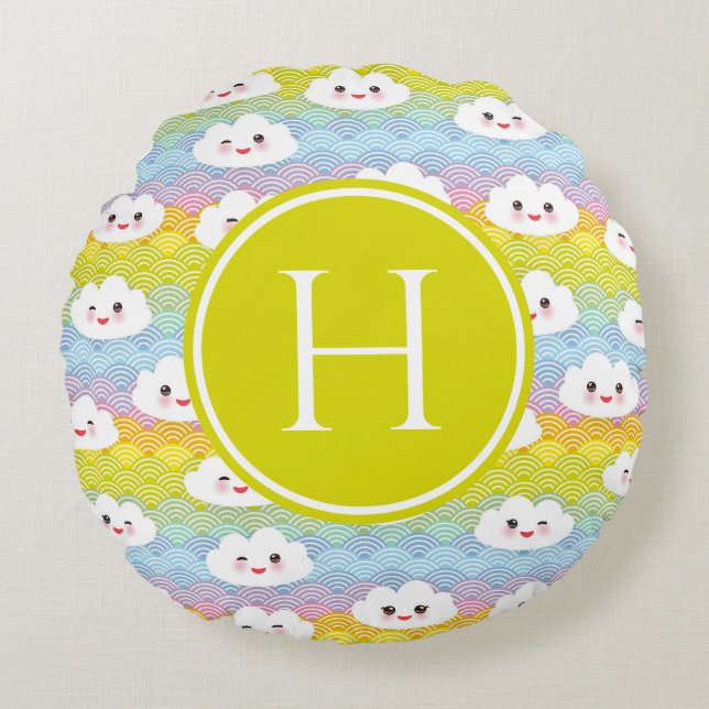 Coussins Ronds Motif de monogramme de nuages kawaii Emoji colorés (Devant)