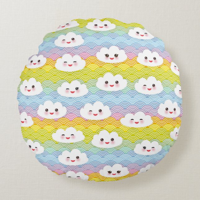 Coussins Ronds Motif de nuages Emoji Mignons et Colorés Kawaii (Devant)
