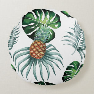 Coussins Ronds Motif de palmier de jungle à l'aquarelle tropicale