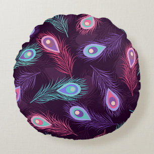 Coussins Ronds Motif de plumes de paon dessinées à la main. Vint