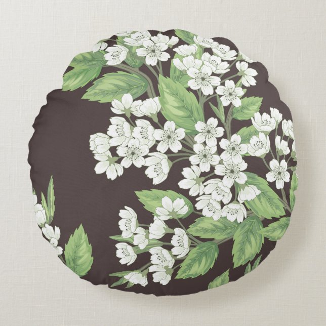 Coussins Ronds Motif de printemps, branches vertes sans soudure. (Devant)