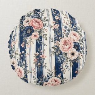 Coussins Ronds Motif de rayure florale marine aquarelle