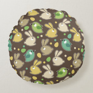 Coussins Ronds motif de ressort avec des oeufs de pâques, oiseaux