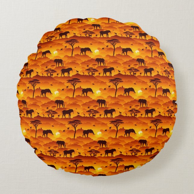 Coussins Ronds Motif de silhouette animale africaine paysage couc (Devant)