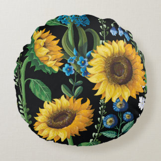 Coussins Ronds Motif de tournesol Arrière - plan noir