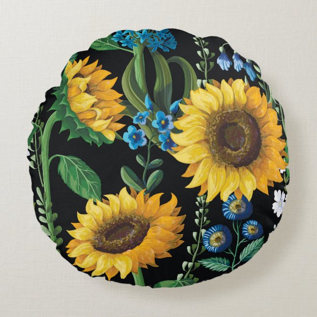 Coussins Ronds Motif de tournesol Arrière - plan noir (Devant)