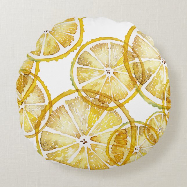 Coussins Ronds Motif de tranches de citron rustique aquarelle (Devant)
