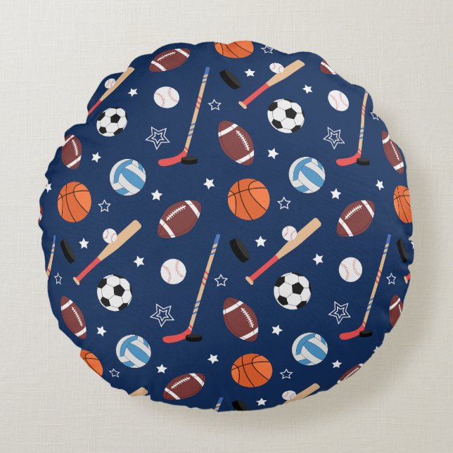 Coussins Ronds Motif d'équipement sportif pour enfants en bleu (Devant)