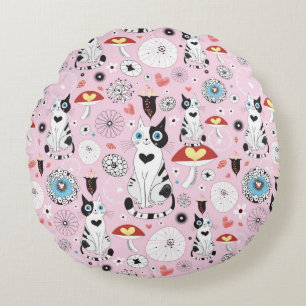 Coussins Ronds motif des chats et des fleurs