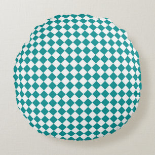 Coussins Ronds Motif diamant à carreaux blanc sarcelle