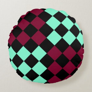 Coussins Ronds Motif diamant à carreaux bordeaux aquamarine